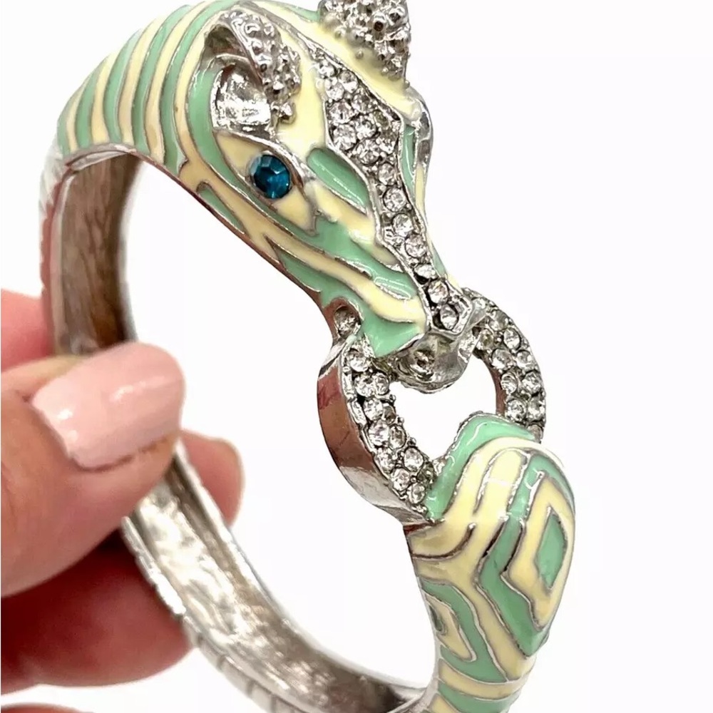 Vintage Seafoam Green Enameled Zebra Rhinestone Hinged Clamper Fashion Bracelet